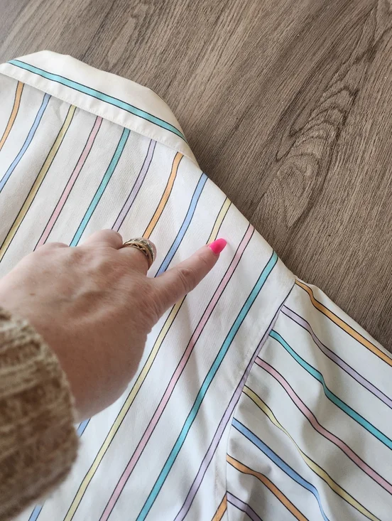 Vintage 90s Women's White Short-Sleeve Button Front Blouse Multi-Pastel Stripes - Picture 9 of 13